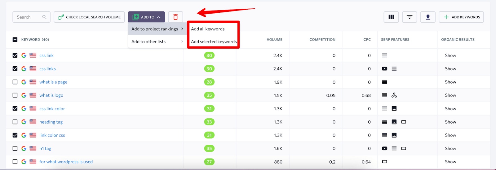 How to add keywords to Keyword Rank Tracker