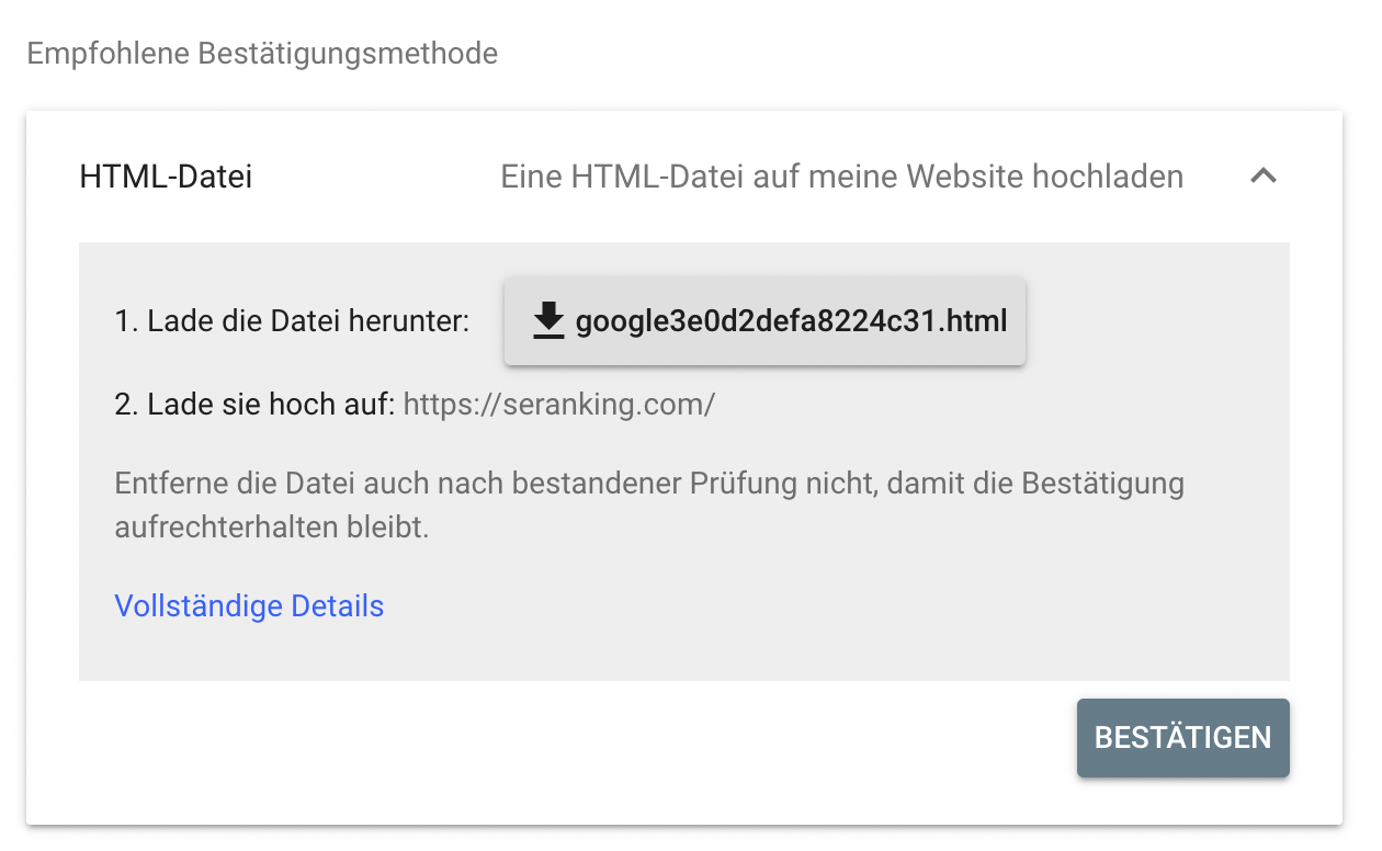 Inhaberschaft bestätigen, in dem man eine HTML-Datei auf eine Website hochlädt