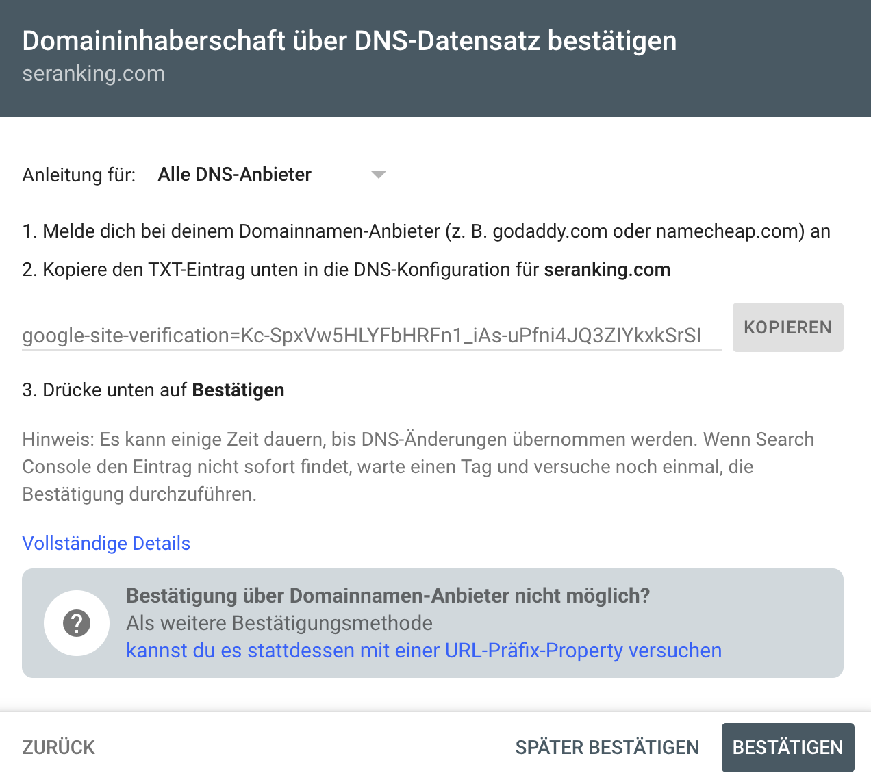 Inhaberschaftbestätigung durch DNS-Datensatz in GSC