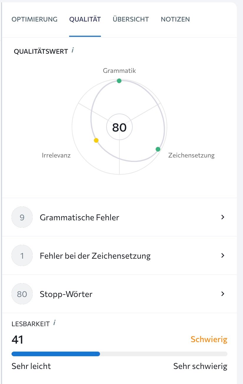 Content-Qualitätsbewertung im Content Editor zeigt ob es Grammatische Fehler gibt und Smap/Stopp-Wörter benutzt werden