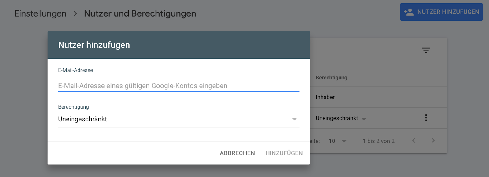 Das Hinzufügen eines Nutzers mit unterschiedlichen Berechtigungen in GSC