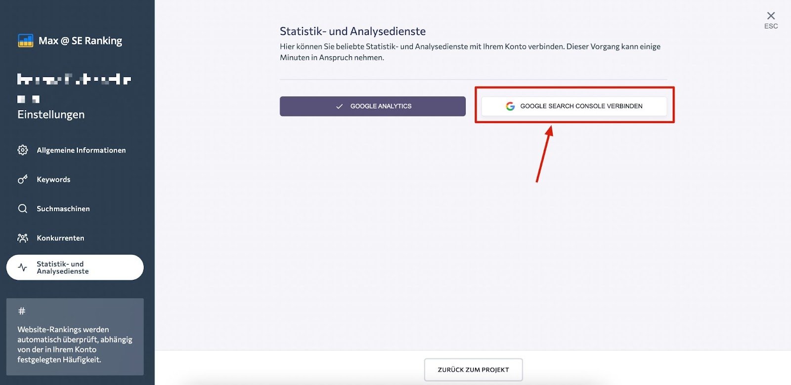 Das Verbinden von Google Search Console in SE Ranking