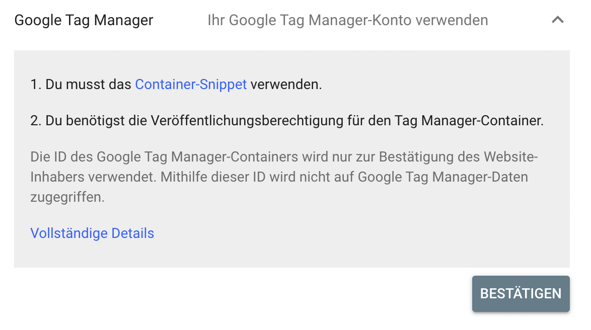 Die Verknüpfung von GSC via Container-Snippet in Google Tag Manager