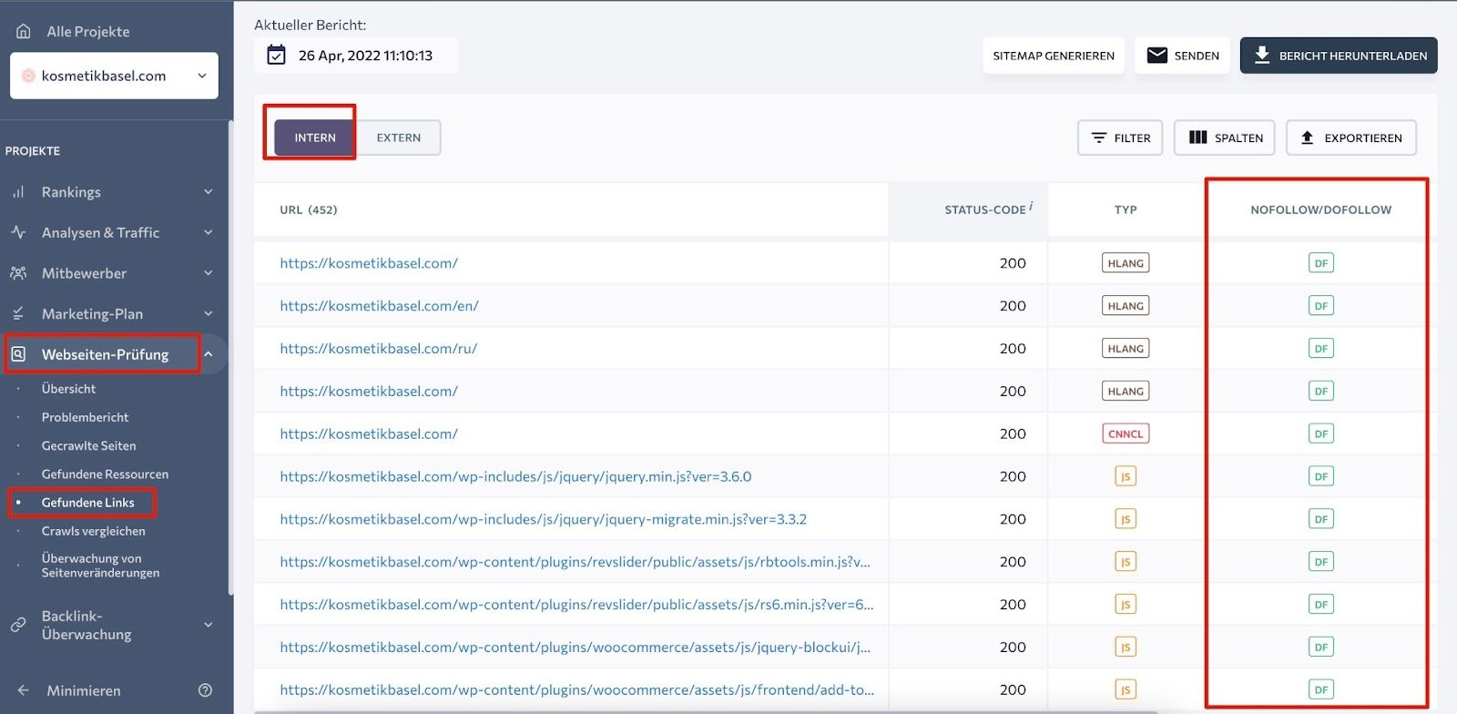 Überprüfung der internen Link-Werte im Website-Audit von SE Ranking