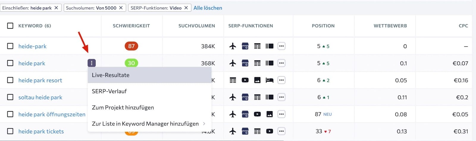 Live-Ergebnisse der Video-SERPs