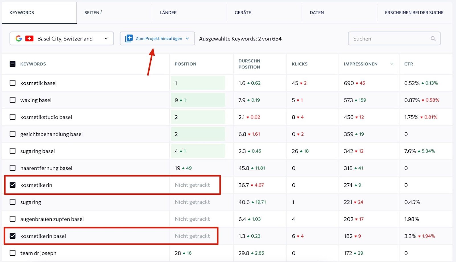 Die Keywords aus GSC können direkt in SE Ranking zu einem Projekt zum Tracken hinzugefügt werden
