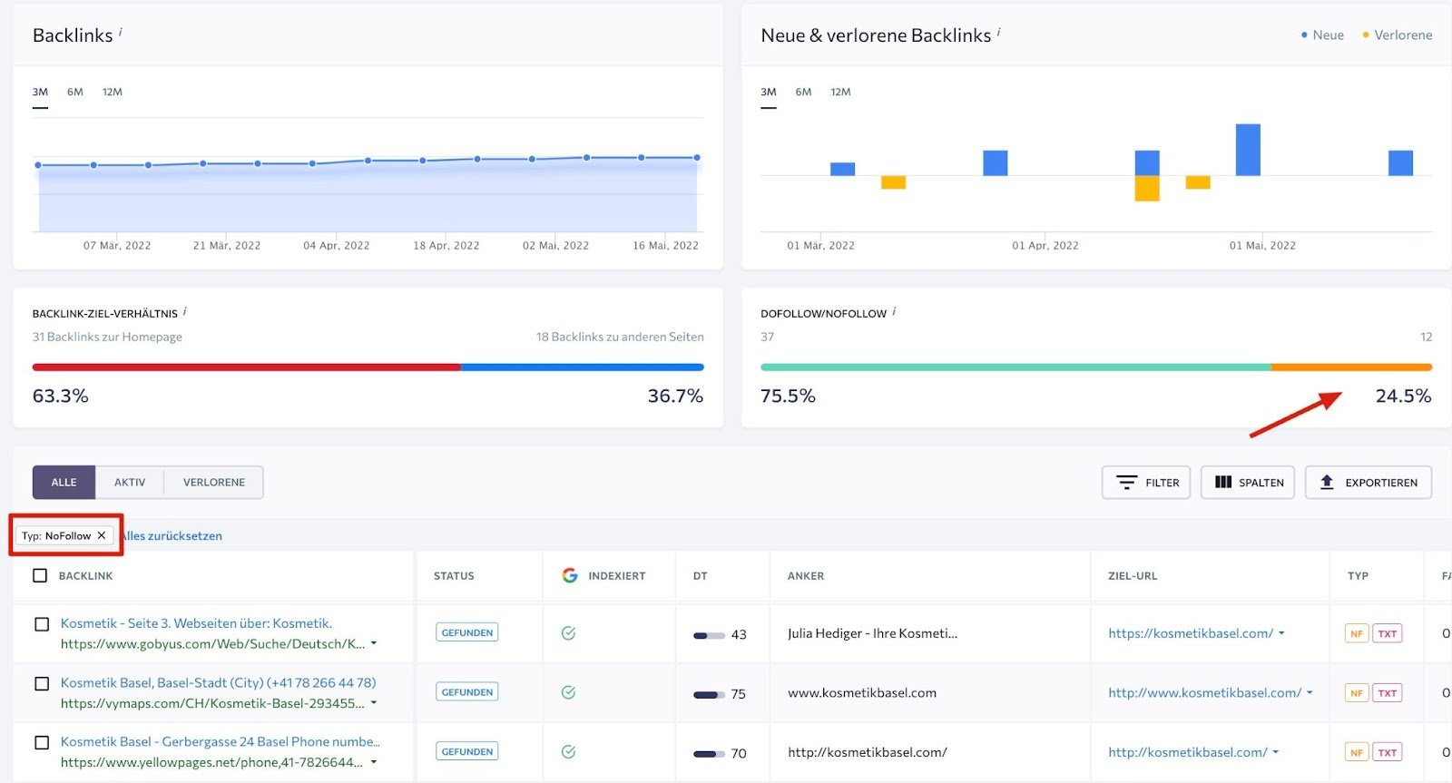 Filtern von Nofollow-Links im Backlink-Überwachung von SE Ranking