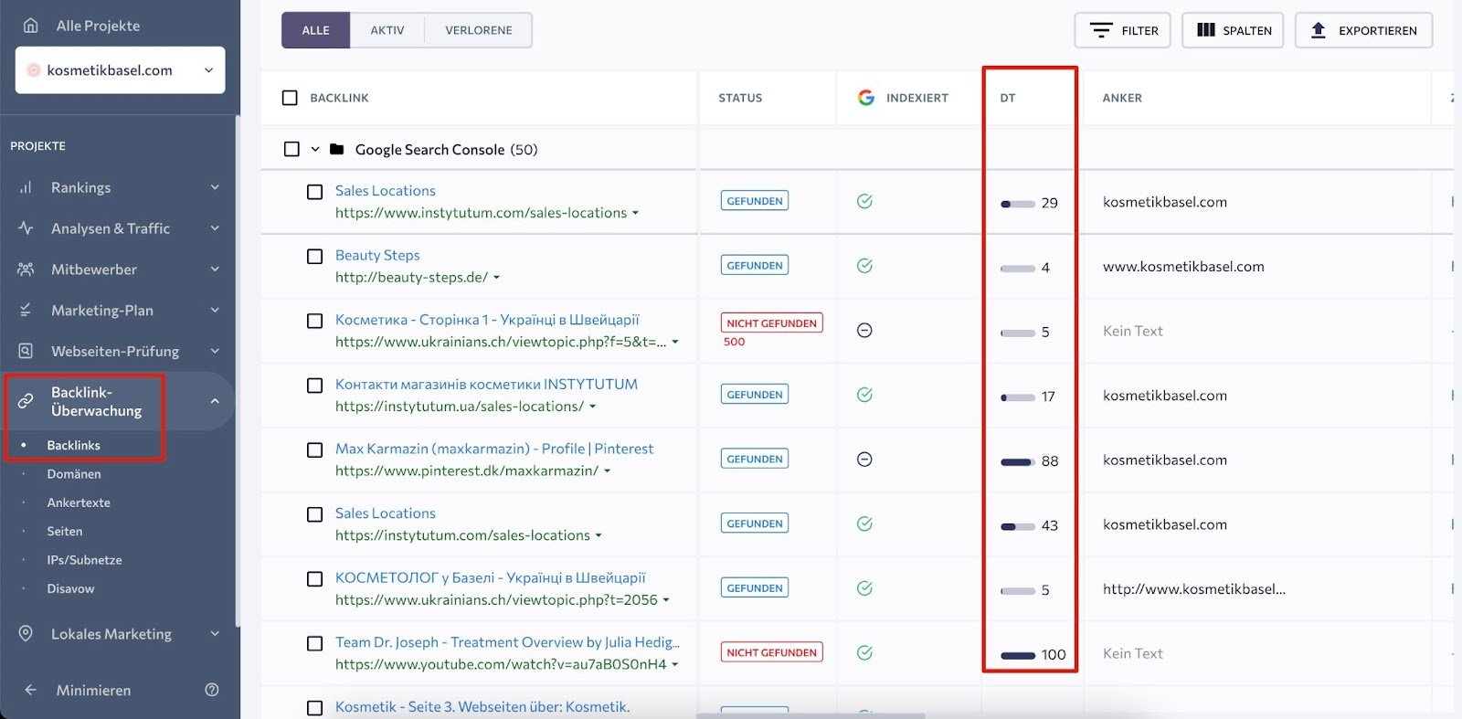 Filterung von Backlinks nach der Autorität der verweisenden Domain