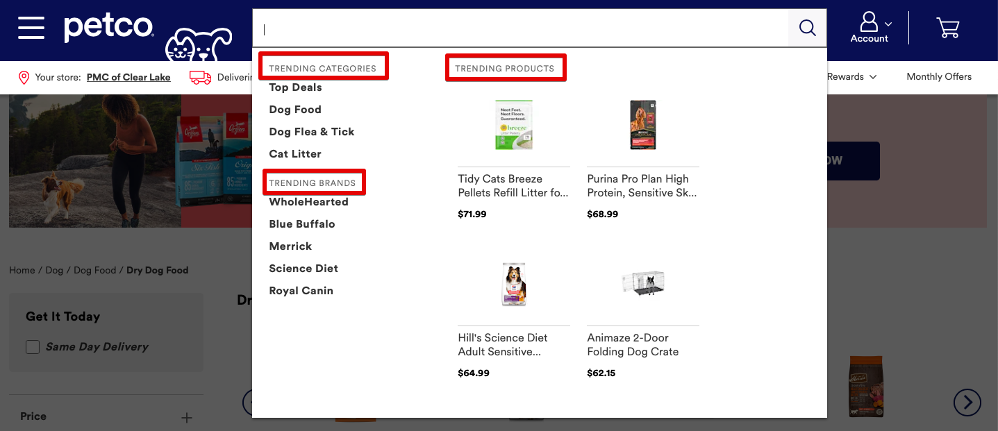 Darstellung von Trendprodukten in einer Website-Suchmaschine