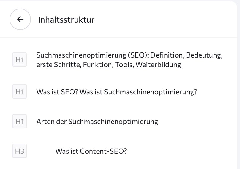 Inhaltsstruktur in Content Editor zeigt die verwendeten Überschriften und Content-Struktur