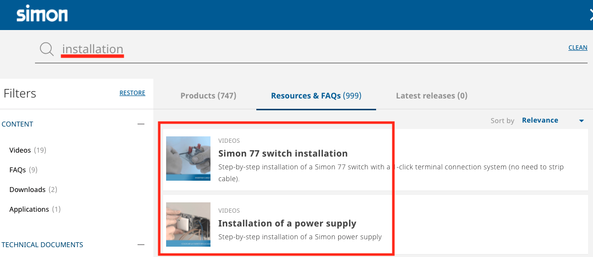 Darstellung von Produkten und Artikeln in einer Website-Suchmaschine