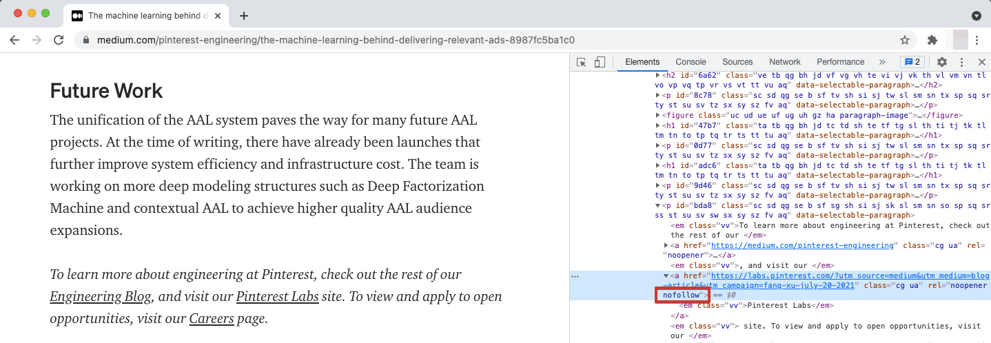 Suche nach dem Wert des nofollow-Attributs im Code