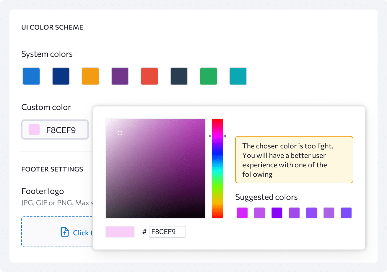 Customize cover page settings, select your own colour scheme, as well as upload your custom logo and header/footer.