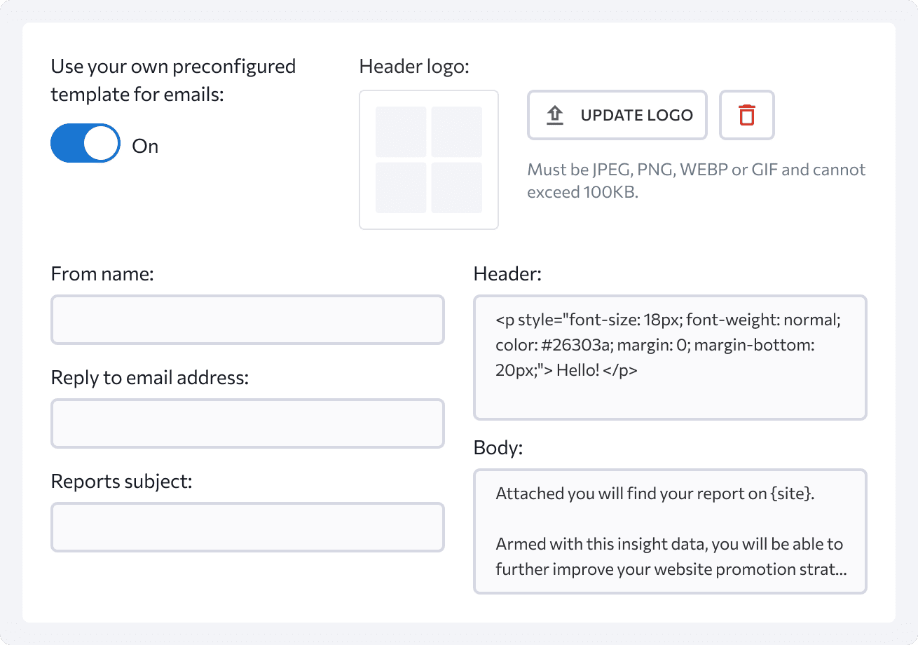 Adjust the email settings by specifying the sender's name, a reply-to email address, and a color scheme for the email header, or choose to use your own SMTP server for sending.