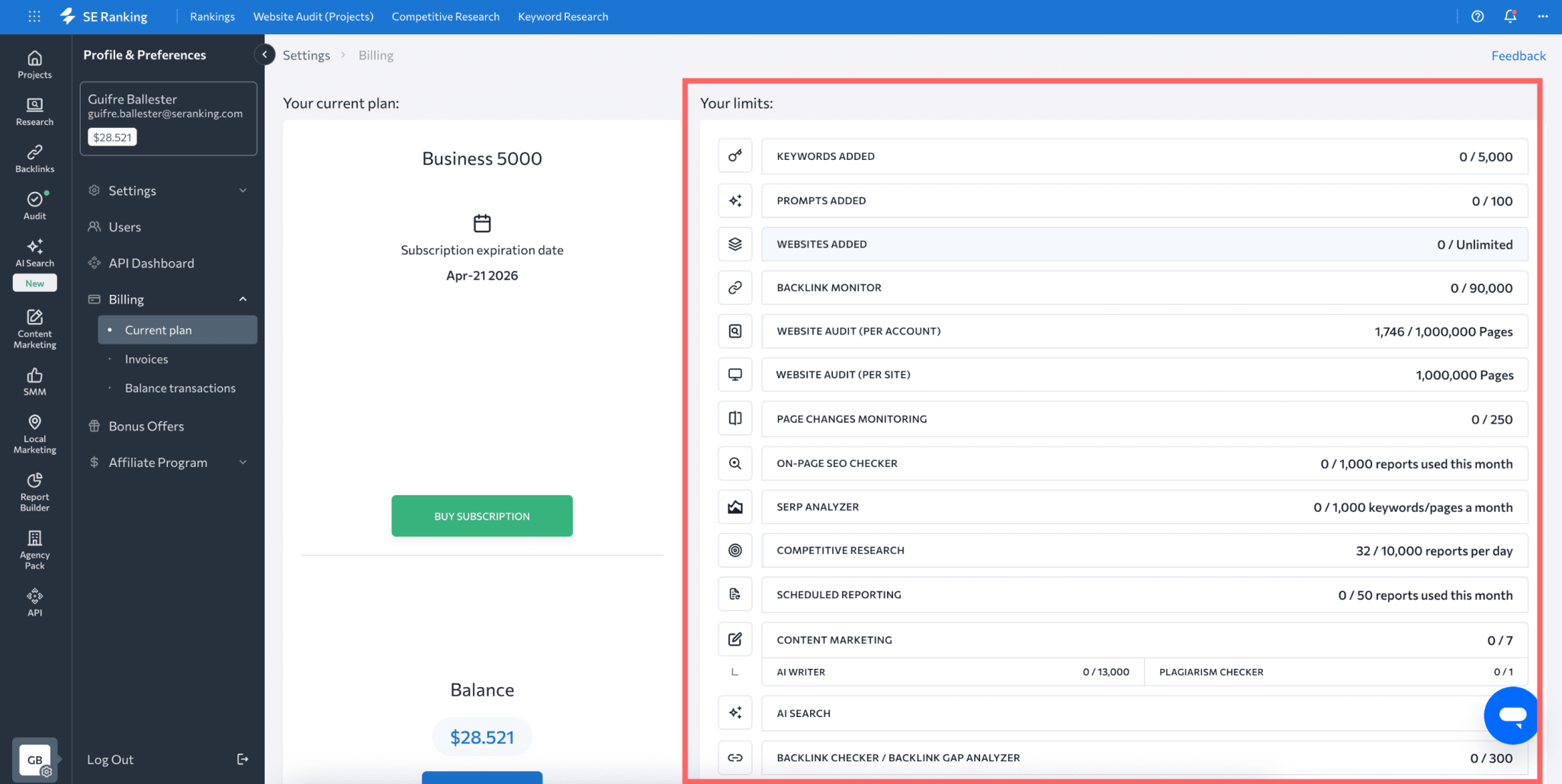API credit system: Data vs. Project API - SE Ranking API Documentation